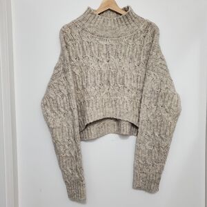 Crescent Large Oversized Cropped Sweater mohair Grey Cable Knit Boxy Turtleneck